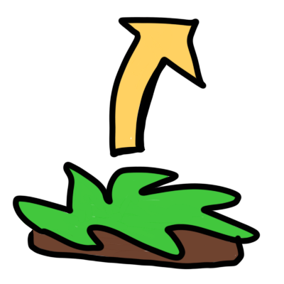 a yellow arrow pointing out from a patch of grass-covered earth.